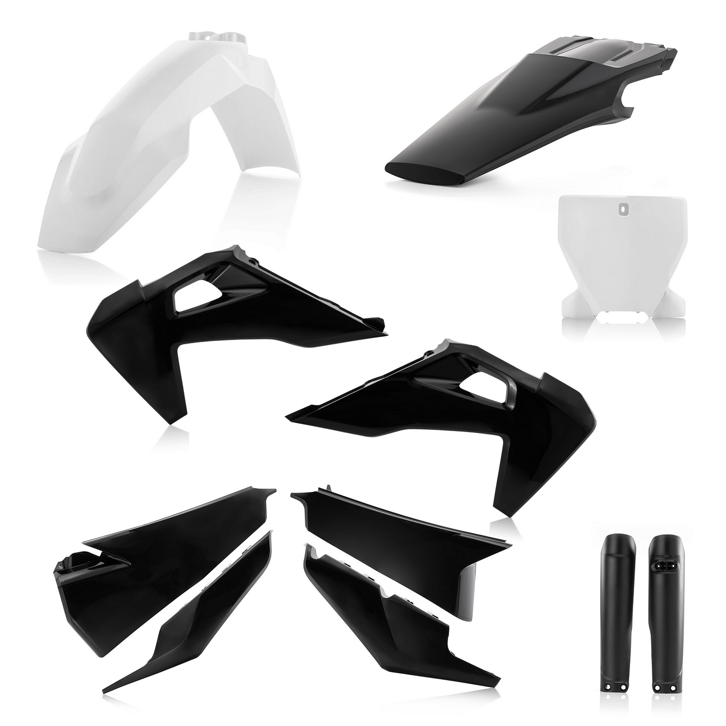 Acerbis full replacement body kit in white and black for motorcycle, showcasing sleek, custom fit design and high-quality materials.