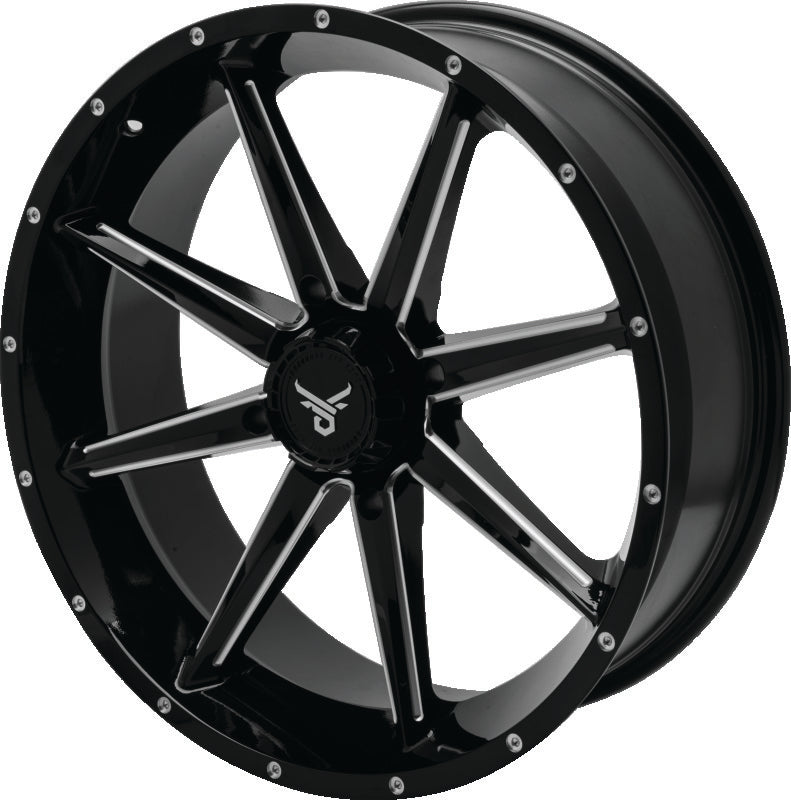 QuadBoss Slicer 20x7 PowerSports wheels with limited edition bull logo center caps, showcasing rugged off-road wheel design