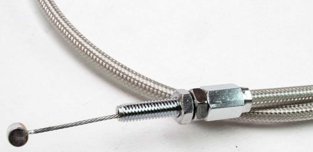 MOTION PRO Armor Coat throttle pull cable with stainless steel and chrome fittings, durable motorcycle throttle cable.