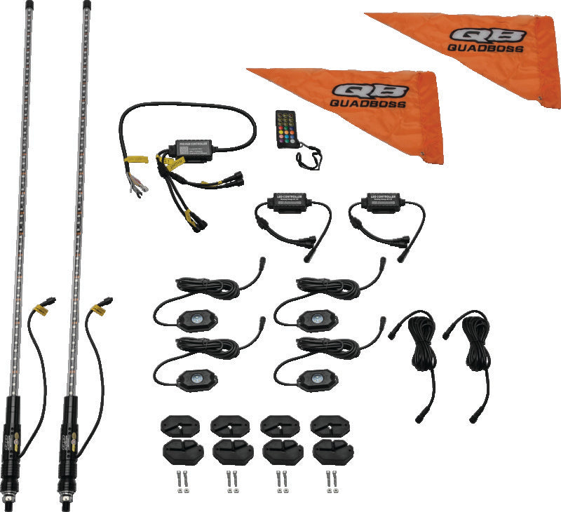 QuadBoss 6ft Bluetooth LED whip and rock light kit with RGB connectivity, showcasing colorful LED lights on off-road vehicle.