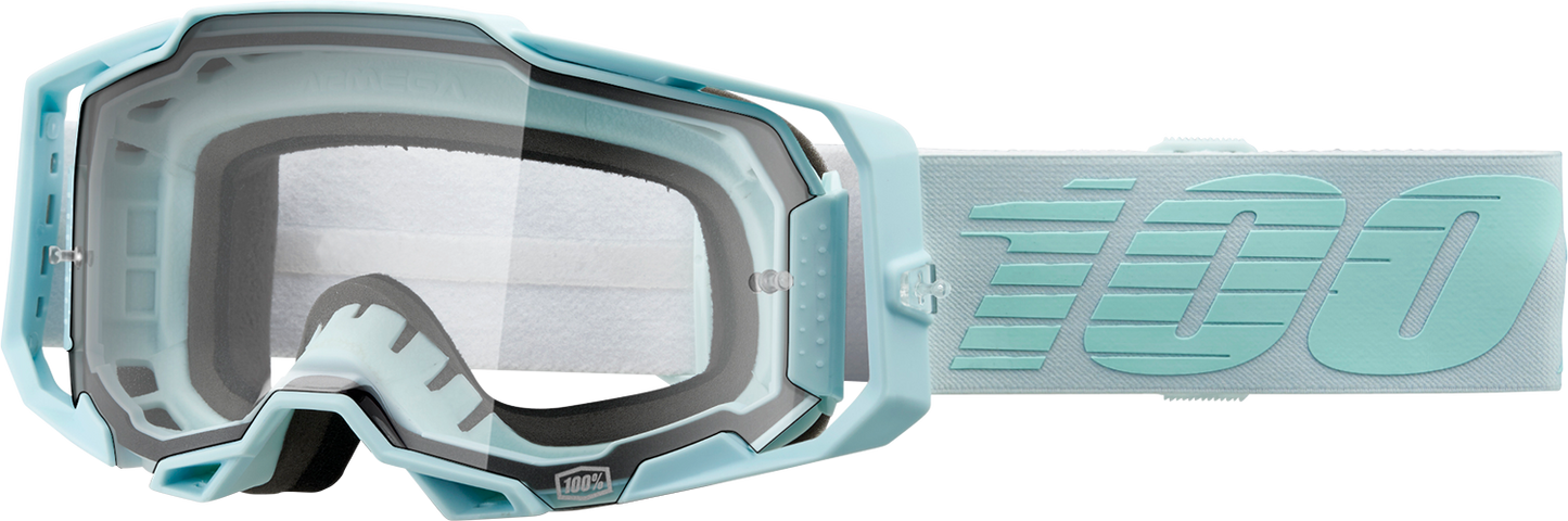 Clear 100% Armega Fargo goggles by Bill's Exhausts with adjustable strap, foam padding, and clear lens for outdoor protection.