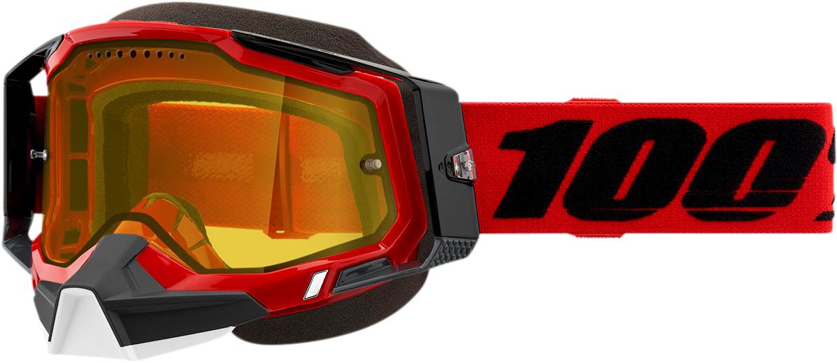 Bill's Exhausts Racecraft 2 snow goggles in red and yellow with tinted lenses, designed for winter sports and snowboarding.