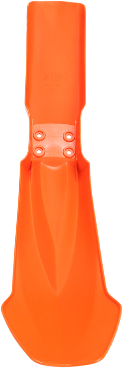 Acerbis front fender in bright orange for motorcycle, designed for durability and style, mounted on a bike.