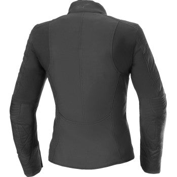 Black ALPINESTARS Stella Isla WR jacket for women, XS size, displayed on a hanger, showcasing its stylish design and durable fabric.