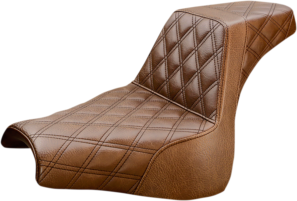 Brown Saddlemen Step-Up Seat with full lattice stitch for motorcycles, featuring a comfortable, stylish design.