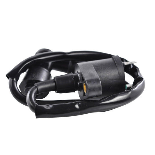 RM STATOR external ignition coil with spark plug cap for motorcycle, showing the coil and attached spark plug cap.