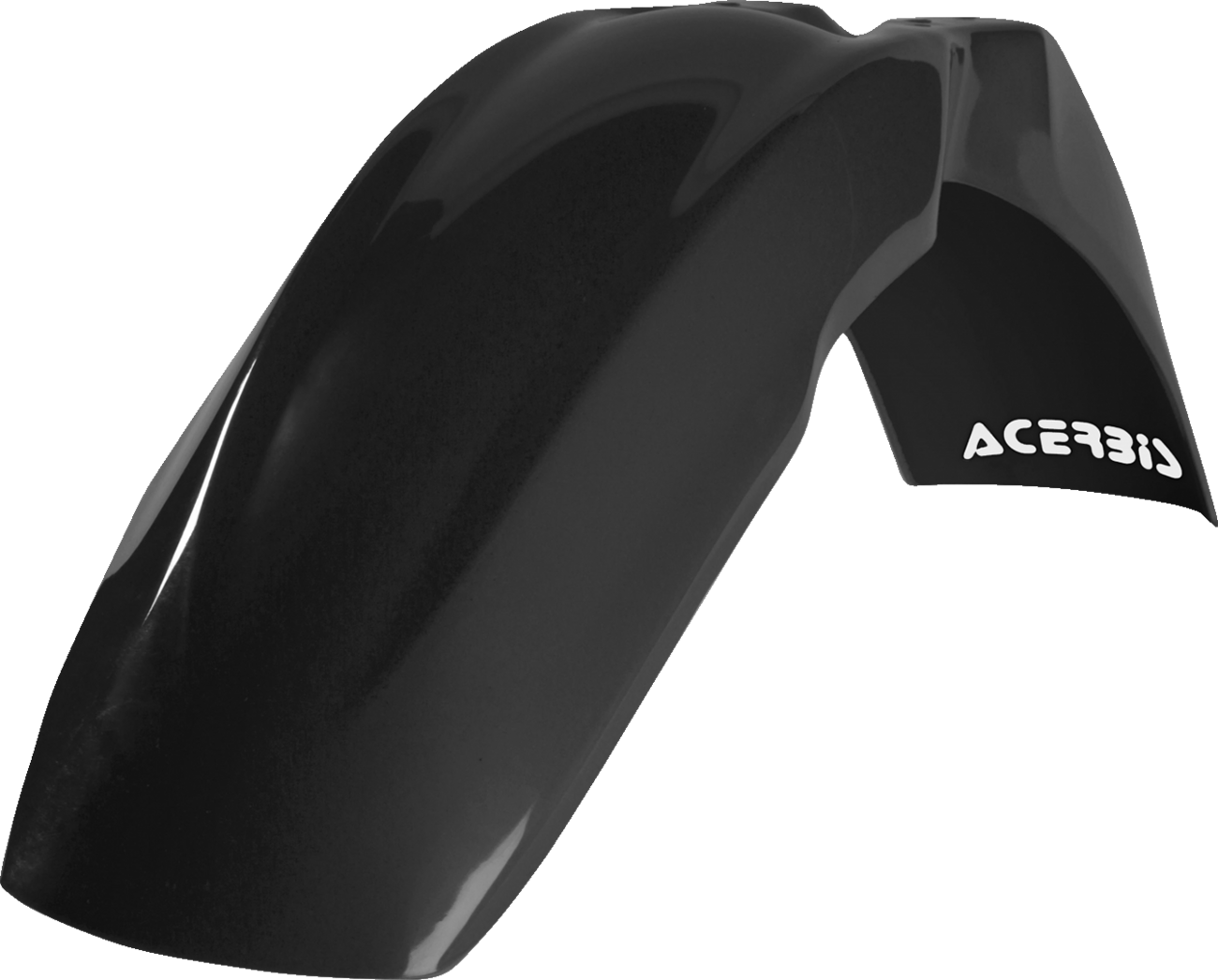 Acerbis black front fender for motorcycle, showing sleek curved body design and mounting points, with a matte finish.