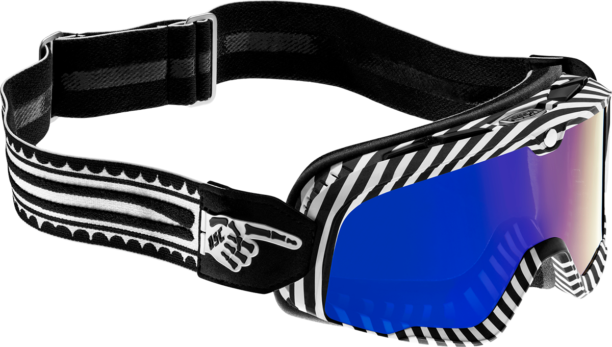 Bill's Exhausts 100% Barstow Goggles with blue mirror lens, featuring a sleek design and adjustable strap for motocross riding.