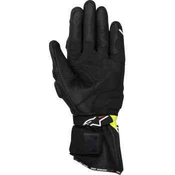 Alpinestars SP-3 motorcycle gloves in black, fluo yellow, and white with protective knuckles and adjustable wrist strap.