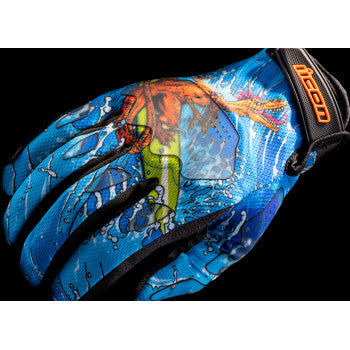 Blue ICON Hooligan Dino Fury gloves in 3XL size, featuring textured finger and palm details, designed for motorcycle riding comfort.
