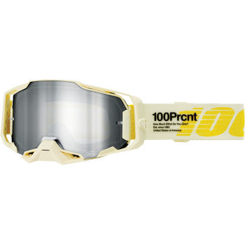 Bill's Exhausts 100% Armega Goggle in barely silver mirror finish, featuring sleek design and reflective lenses.