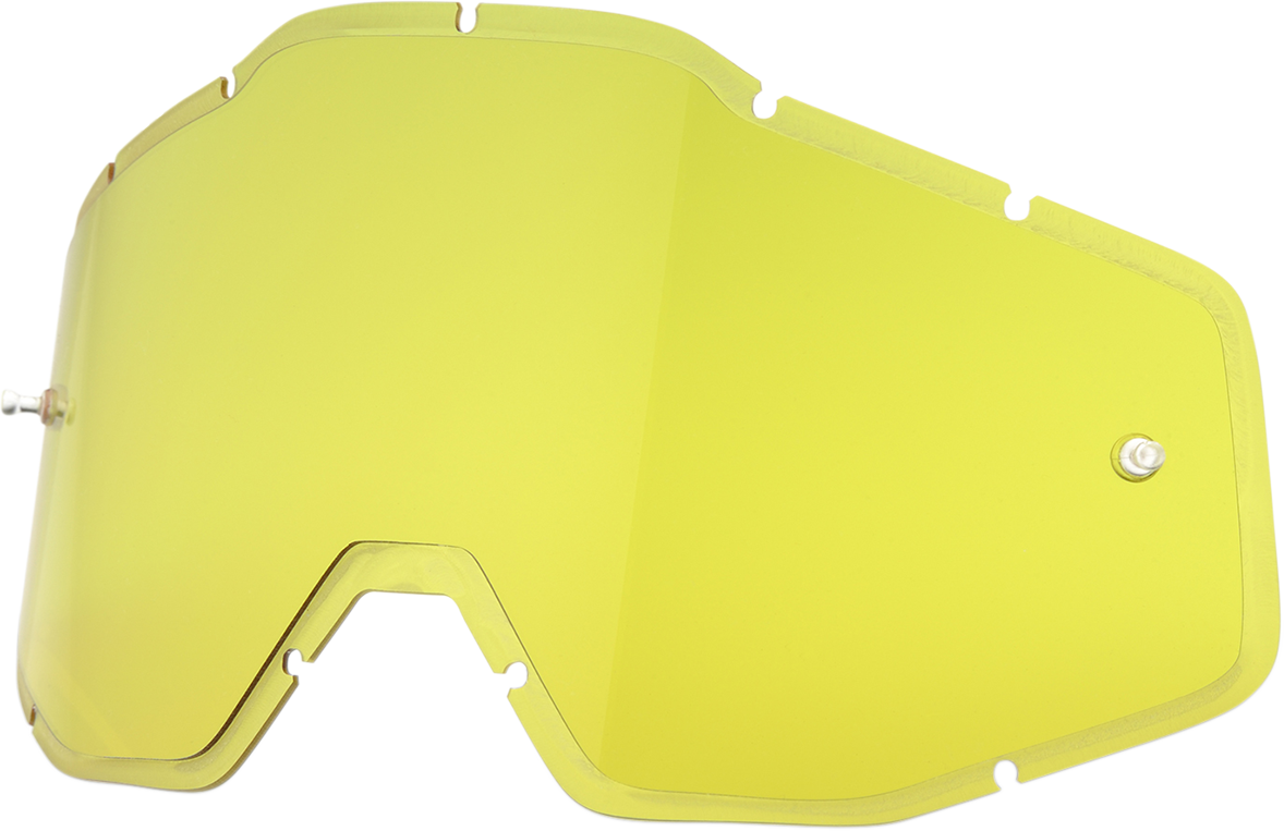 Yellow injected lens for Accuri, Strata, and Racecraft helmets by Bill's Exhausts, shown in a clear close-up image.