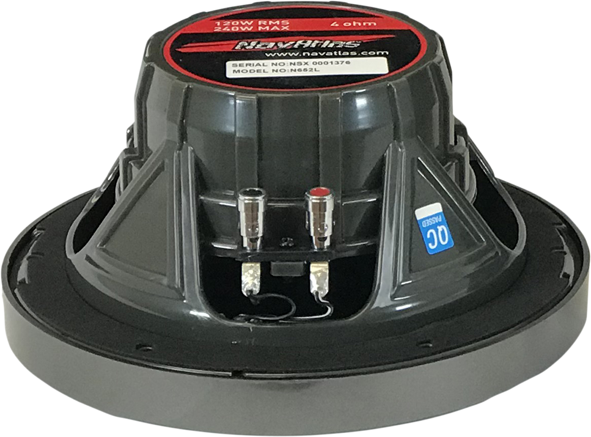 Bill's Exhausts NAVATLAS 6.5" blue LED engine speaker with vibrant blue lighting and sturdy mounting, designed for automotive use.
