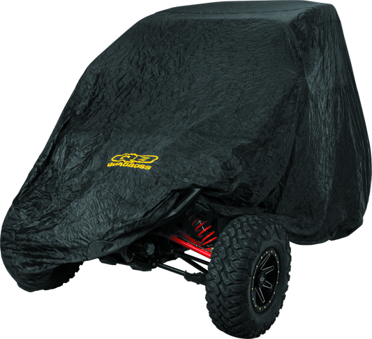 Black QuadBoss UTV cover for Polaris Ranger Crew, RZR XP 900 & 1000, Kawasaki Mule, protecting UTVs from weather and debris.