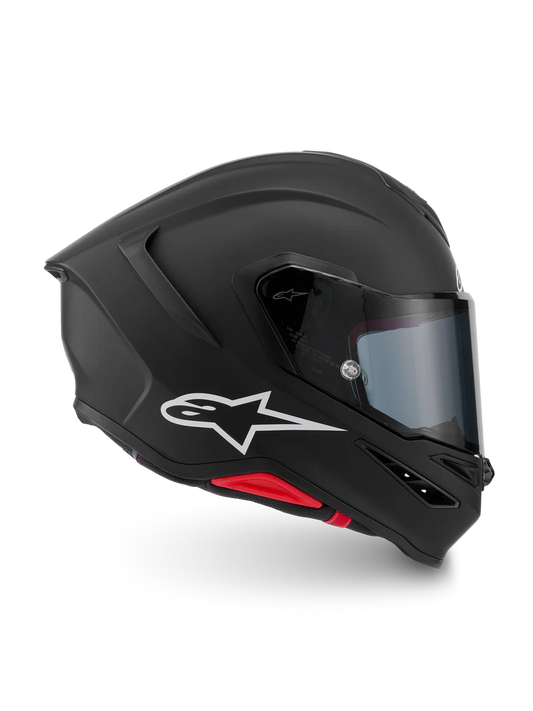 Alpinestars R7 Solid helmet with ECE 22.06 and DOT certification, featuring a sleek black design and secure strap.
