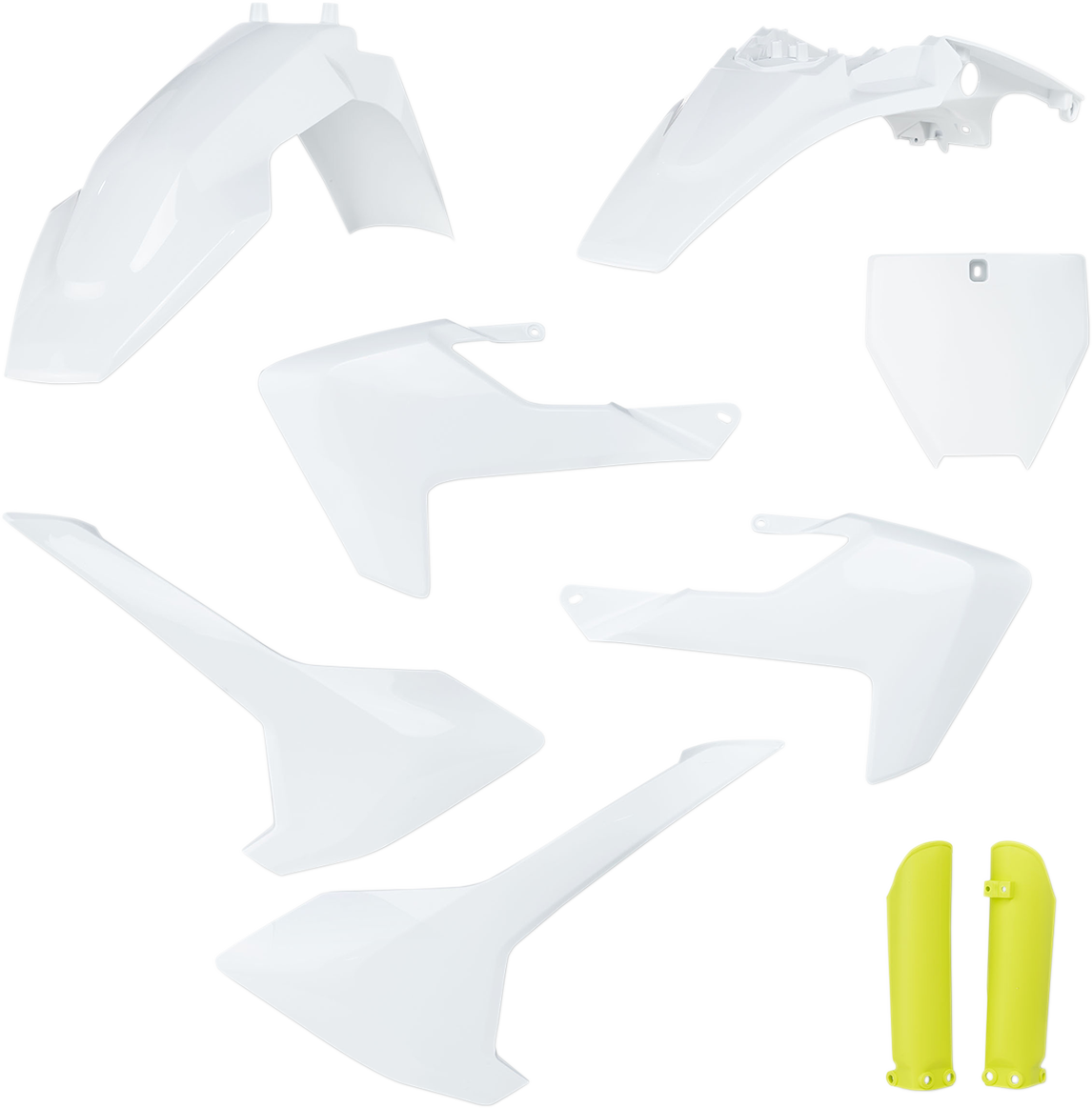 Acerbis OEM white and yellow full replacement body kit for motorcycles, featuring sleek, aerodynamic design and durable construction.