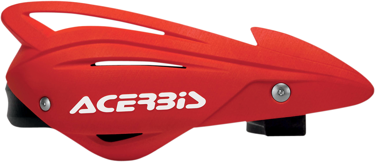 Acerbis Tri Fit handguards in red mounted on a motorcycle handlebar, providing protection and style for off-road riding.