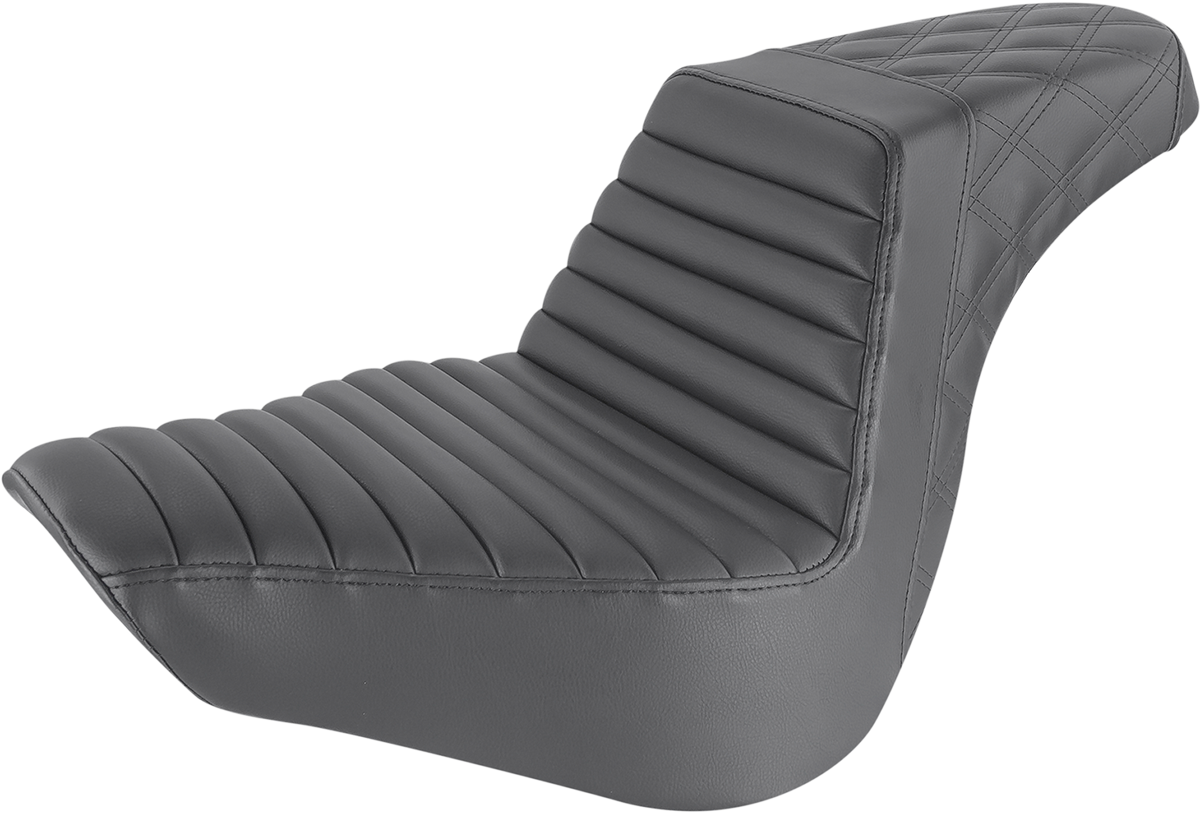 Black SADDLEMEN Step-Up Seat with front tuck-n-roll and rear lattice stitch for FLFB/S Harley models 2018-2023.