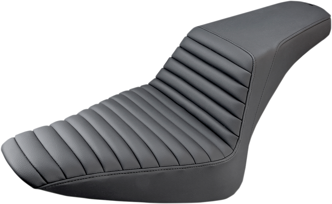 Black SADDLEMEN Step-Up Seat with Front Tuck-n-Roll design for motorcycles, featuring brand-specific stitching and padding.