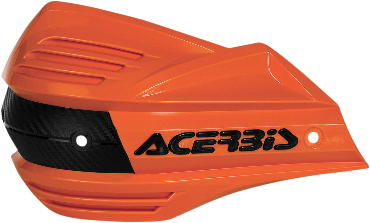 A pair of orange and black Acerbis X-Factor handguards for motorcycle handlebars, designed for protection and style.