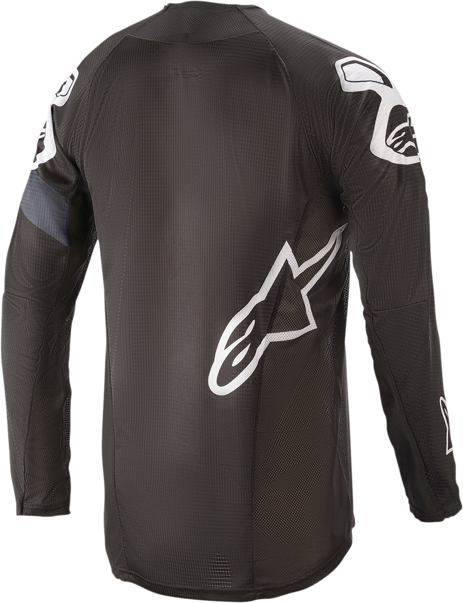 Alpinestars Techstar long-sleeve motorcycle jersey in black and gray, large size, featuring breathable fabric and branding details.