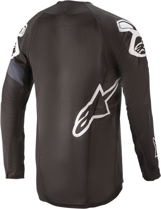 Alpinestars Techstar long-sleeve motorcycle jersey in black and gray, large size, featuring breathable fabric and branding details.