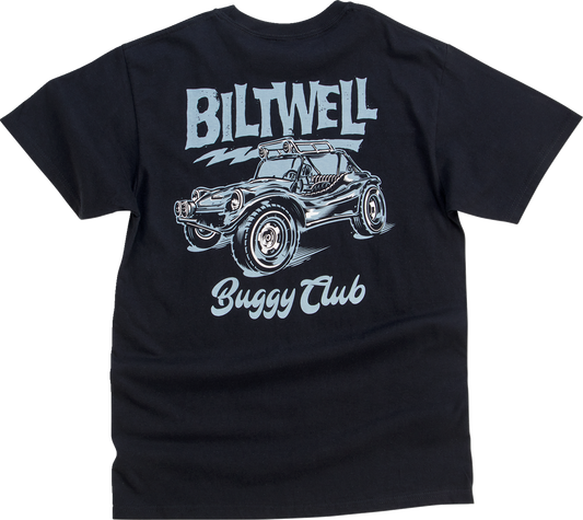 Black BILTWELL Buggy T-Shirt in Small size featuring a classic fit and graphic design, made by Bill's Exhausts.