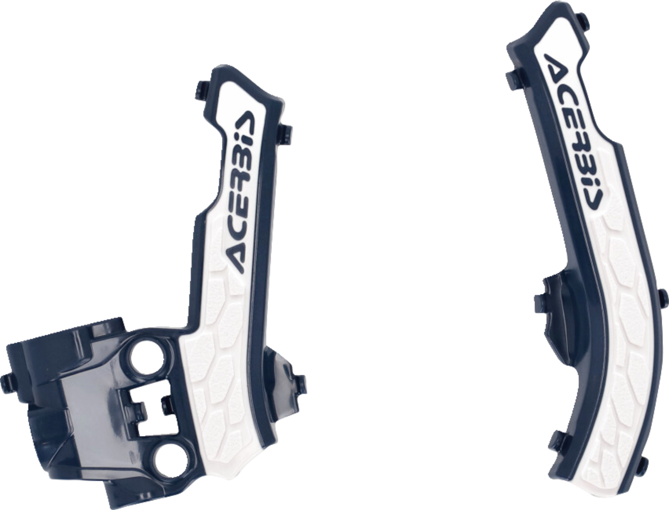 Blue and white Acerbis X-Grip frame guards for motorcycle body protection, designed for durability and style.