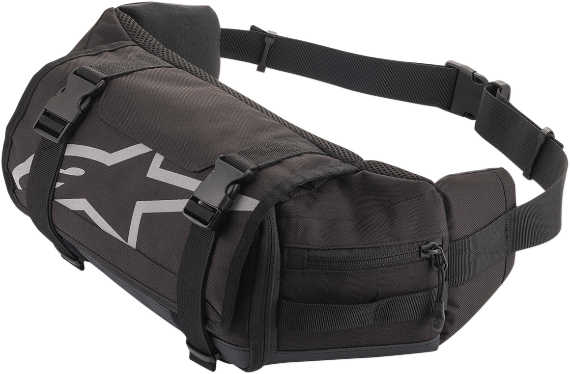 Black Alpinestars Tech Tool Bag for motorcycle protective gear with multiple compartments and durable straps.
