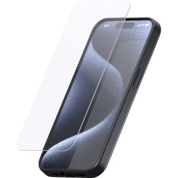 Bill's Exhausts SP CONNECT glass screen protector for iPhone 15 Pro, with phone mount compatible with iPhone 15 Pro.