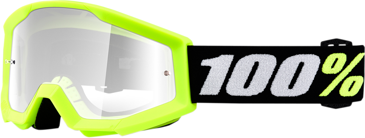 Bill's Exhausts 100% Strata Mini Goggles in yellow with clear lens, designed for eye protection during sports or outdoor activities.