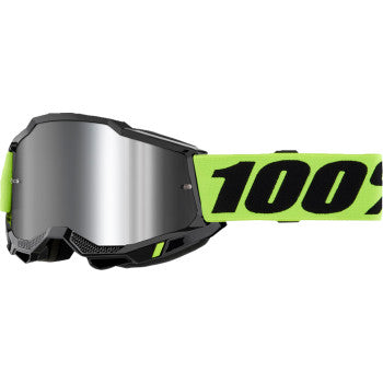 Bill's Exhausts 100% Accuri 2 goggles in neon yellow with silver mirror lenses, featuring a sleek sporty design and adjustable strap.