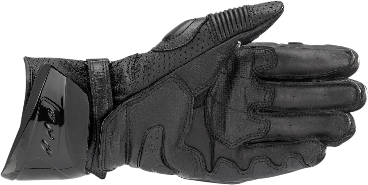 Alpinestars GP Pro R3 motorcycle gloves in black and black, 2XL size, featuring protective knuckles and reinforced palms.