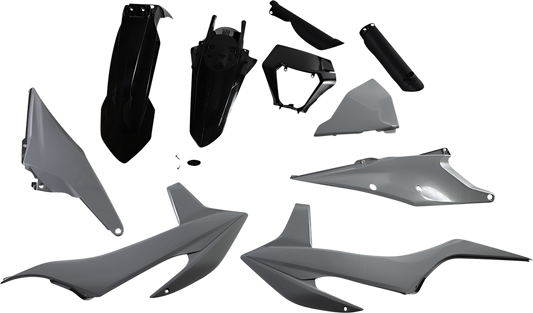 A gray and black Acerbis full replacement body kit for motorcycles, featuring sleek design and durable plastic construction.