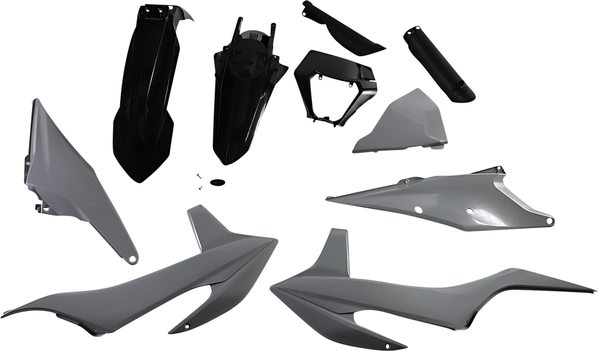 A gray and black Acerbis full replacement body kit for motorcycles, featuring sleek design and durable plastic construction.