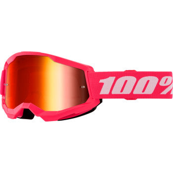 Bill's Exhausts 100% Strata 2 goggles in pink with red mirror lenses, showcasing the sporty goggles with reflective mirror finish.