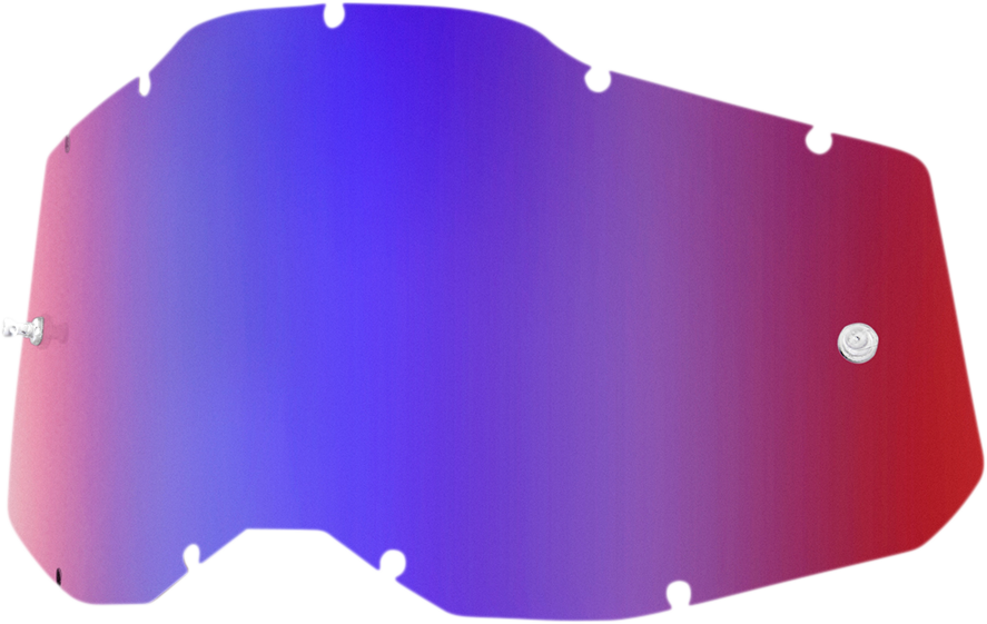 Red and blue mirror lenses for Accuri 2, Racecraft 2, and Strata 2 helmets by Bill's Exhausts, featuring vibrant reflective coatings.