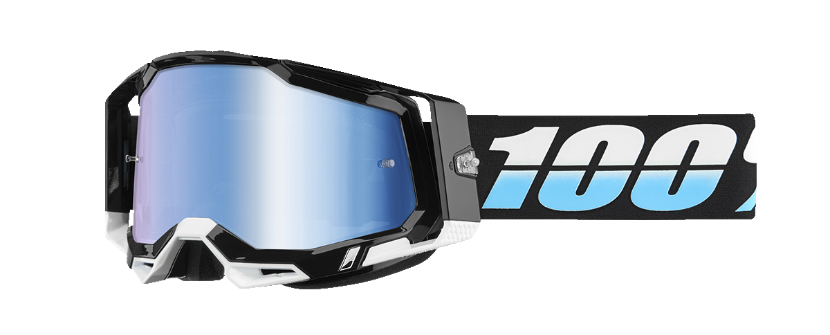 Bill's Exhausts 100% Racecraft 2 Goggles in blue mirror with tinted lens, designed for motocross and off-road riding.