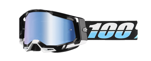 Bill's Exhausts 100% Racecraft 2 Goggles in blue mirror with tinted lens, designed for motocross and off-road riding.