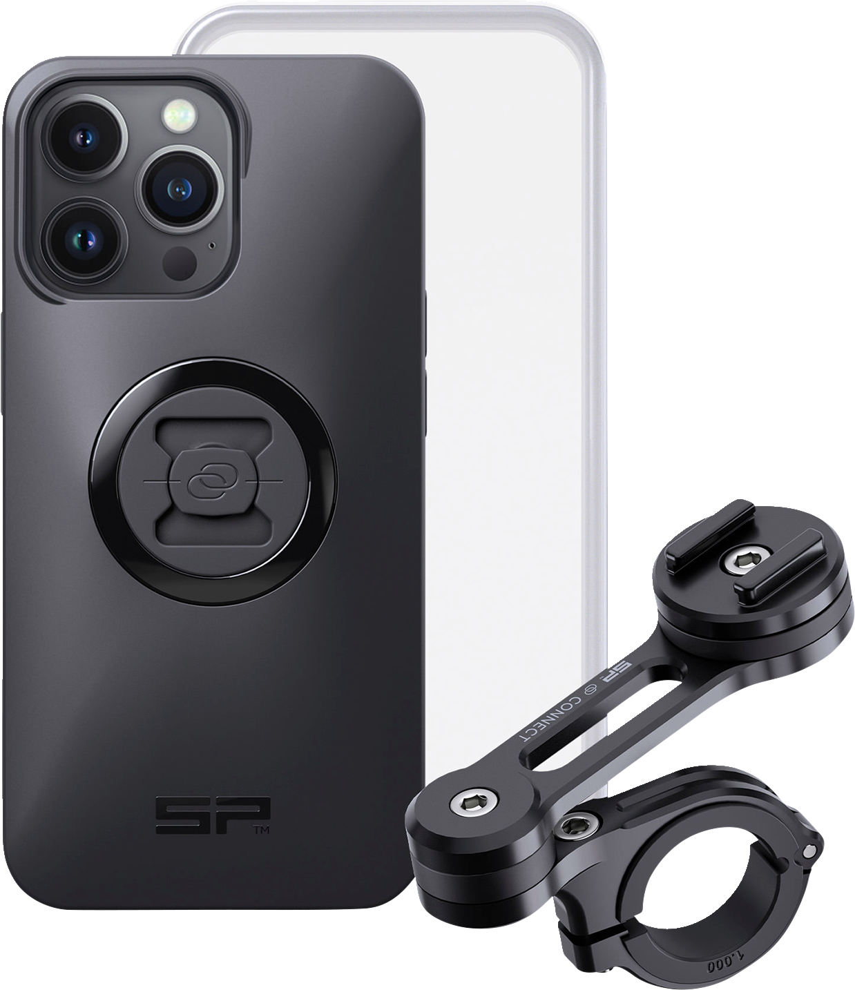 Bill's Exhausts SP CONNECT iPhone 13 Pro phone holder kit mounted on a motorcycle handlebar, showing secure attachment and sleek design.
