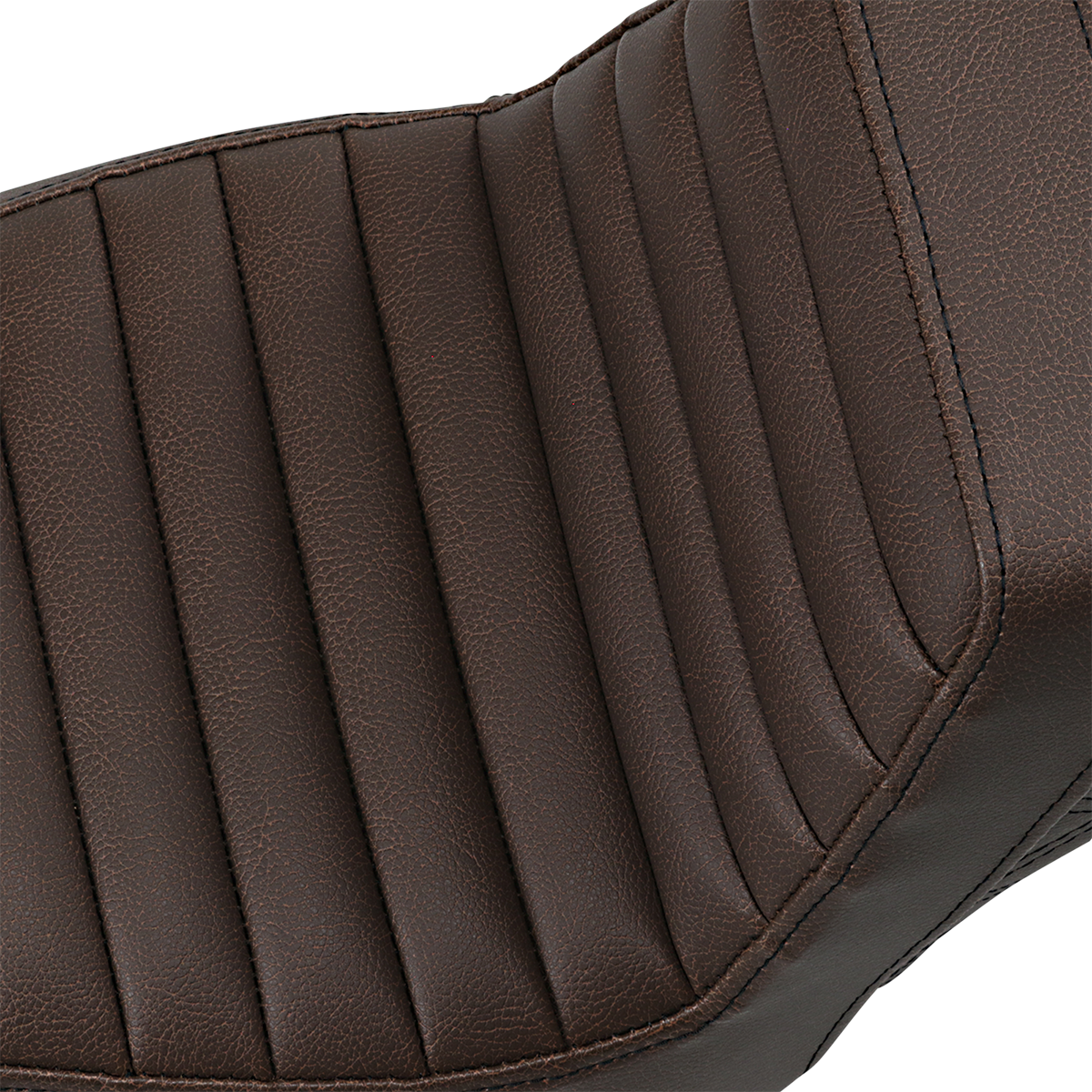 Brown SADDLEMEN Step-Up Seat for motorcycles with front tuck-n-roll and rear lattice stitch, designed by Bill's Exhausts.