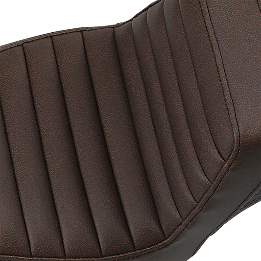 Brown SADDLEMEN Step-Up Seat for motorcycles with front tuck-n-roll and rear lattice stitch, designed by Bill's Exhausts.
