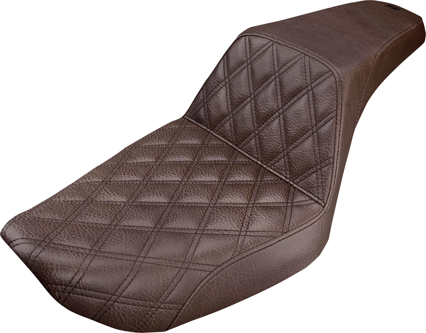 Brown SADDLEMEN Step-Up Seat with front lattice stitch for Dyna motorcycles, designed for comfort and style.