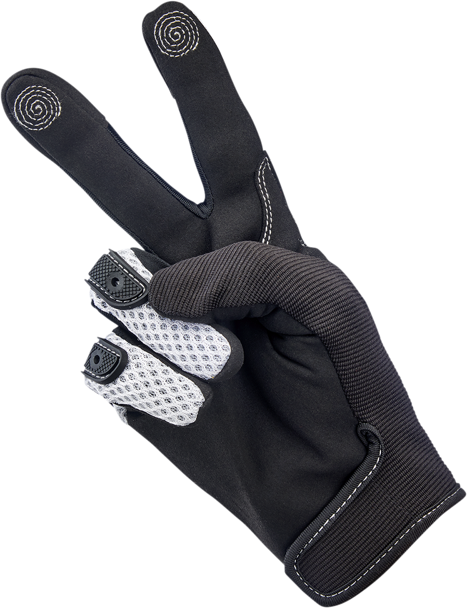 White BILTWELL Anza Gloves in medium size, featuring durable design and detailed stitching, ideal for motorcycle riding.