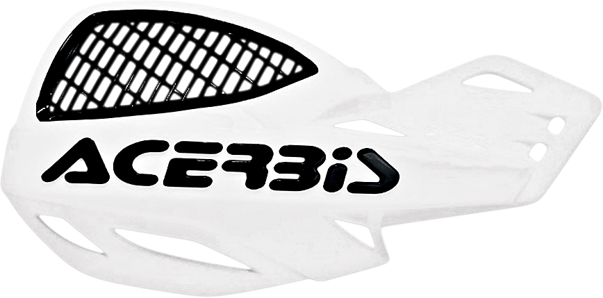 ACERBIS Uniko vented white handguards for motorcycle handlebars with brand logo, mounted on a bike handlebar.