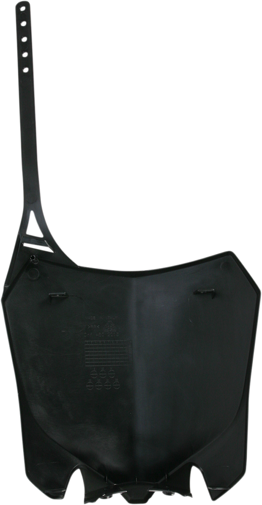 Black Acerbis front number plate for motorcycle, shown mounted on bike body, with sleek design and branding detail.
