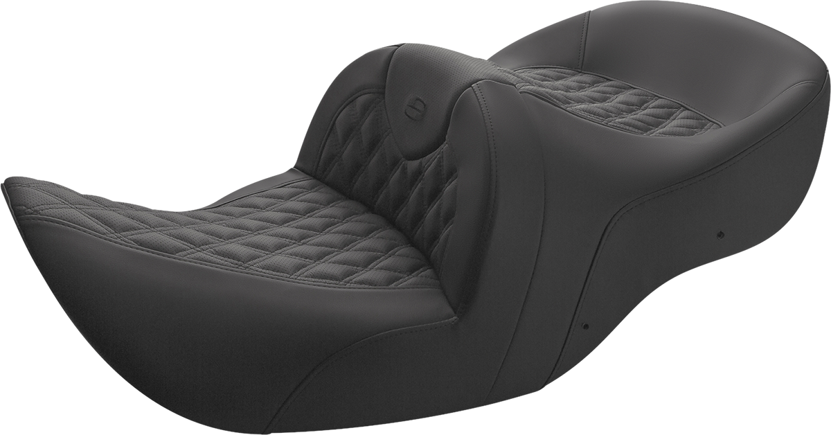 Black Saddlemen Roadsofa seat with full lattice stitch design, without backrest, for motorcycle, by Bill's Exhausts.