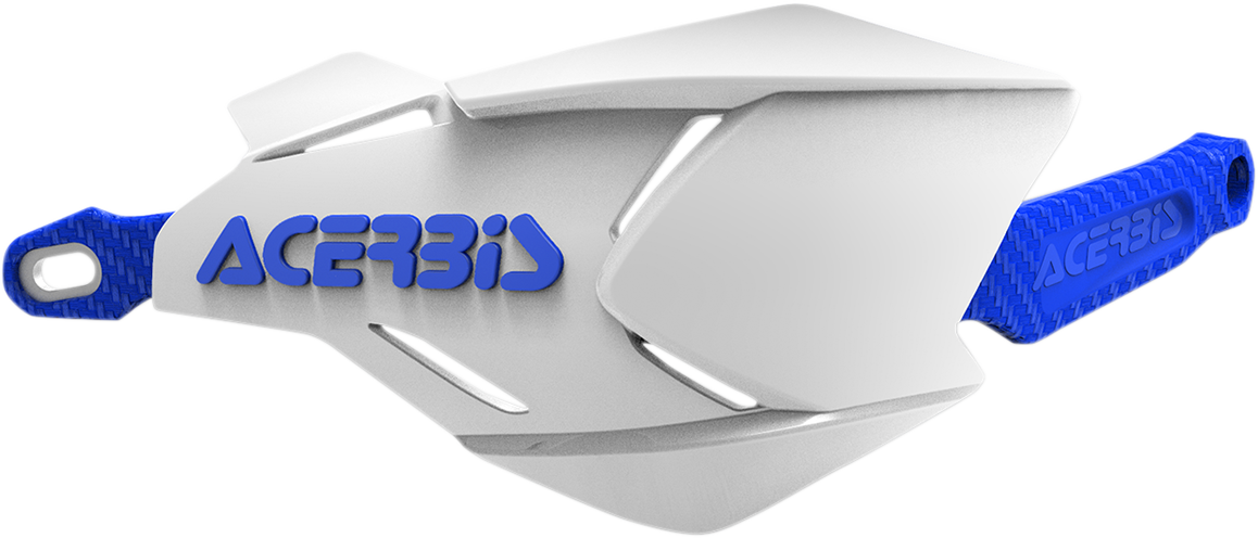 Acerbis X-Factory handguards in white and blue mounted on motorcycle handlebars for protection and style.