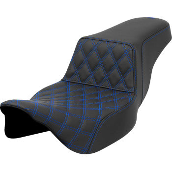 SADDLEMEN Step-Up Seat for FLH/FLT bikes with blue lattice stitch, extended reach design, front view showing detailed stitching.