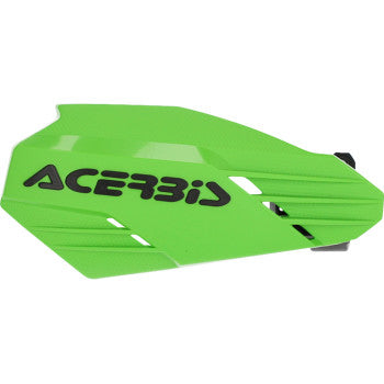 A pair of ACERBIS K-Linear handguards in green and black mounted on motorcycle handlebars.